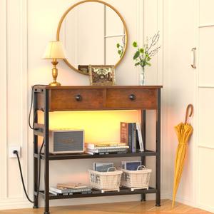 32" Narrow Console/Entryway Table with Storage & 3 Drawers & Outlets, for Sofa & Living Room, Hallway/Foyer/Couch/TV/ Aquarium Stand Table for Entryway with USB Ports, LED Light Strip,Perfect for Home (Vintage+black Leg)