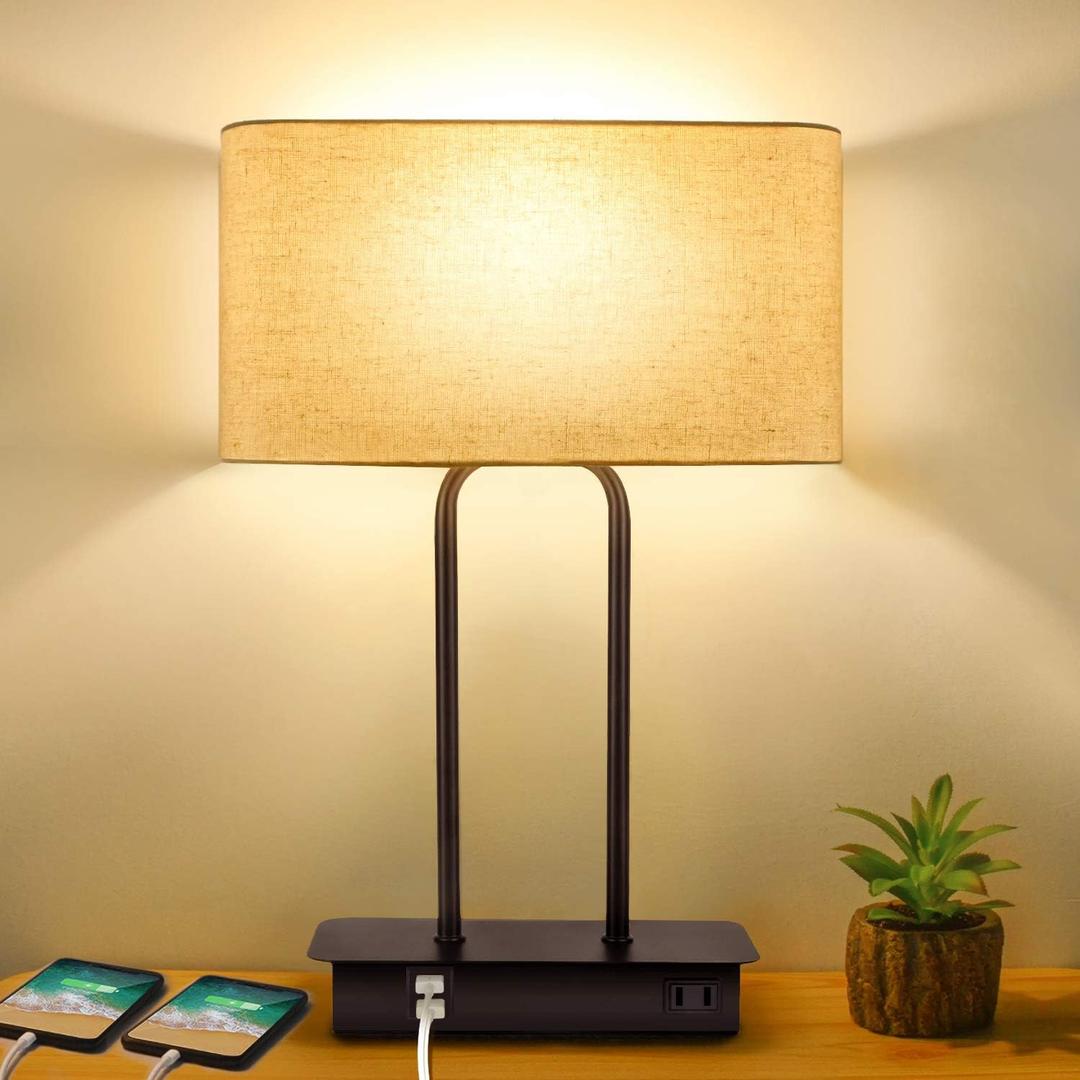3-Way Dimmable Touch Control Table Lamp with 2 USB Ports and AC Power Outlet Modern Bedside Nightstand Lamp Fabric Shade and Metal Base for Guestroom Bedroom Living Room LED Bulb Included Warm White (Cream)