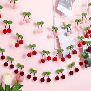Jexine 3 Pieces Cherry Garland Decor Summer Cherries Party Decoration Pom pom Felt Bunting banner 6.6 Ft Colorful DIY Fruit Hanging Ornaments for Baby Birthday Wedding(Red, Pink, Rose-red)