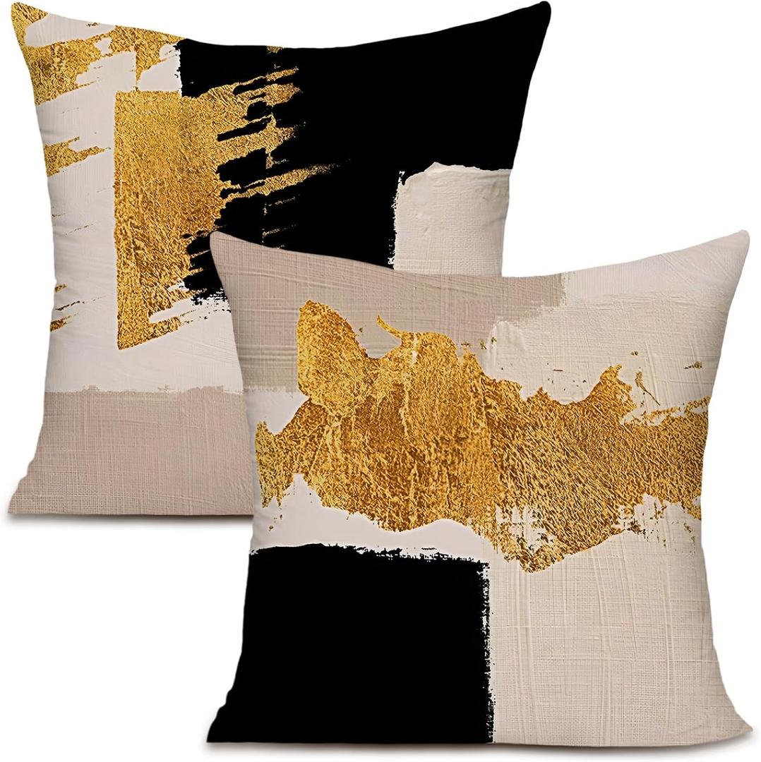 KAIOUS Black and Gold Pillow Covers, Black Gold Beige Decorative Throw Pillow Covers for Couch Sofa Bed Living Room Bedroom 18x18 Inches Set of 2