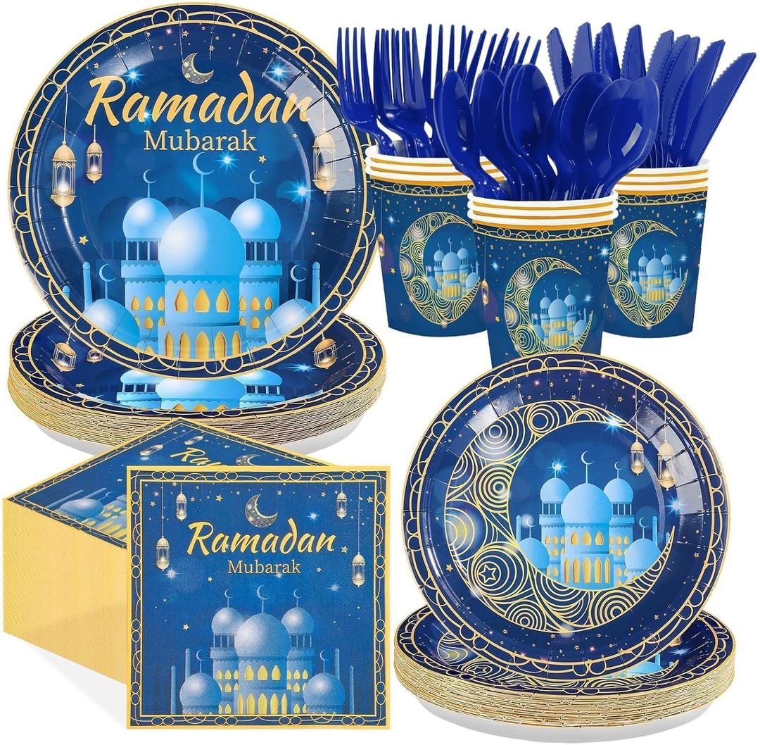 168Pcs Blue Eid Ramadan Decorations for Home Mosque Lantern Moon Plates and Napkins Cups Forks Islamic Muslim Decor Tableware Sets for Eid al-Fitr Decor al-Adha Festival Home Party Supplies Serves 24