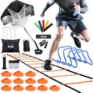 GHB Agility Ladder,Football Training Equipment Set,4 Agility Hurdles, 20 feet12 Rungs Speed Ladder,12 Disc Cones,Resistance Parachute, Jump Rope, 5 Resistance Bands (Orange)
