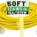 POWGRN 50 ft 12/3 Outdoor Extension Cord Waterproof Heavy Duty with Lighted Indicator End 12 Gauge 3 Prong, Flexible Cold-Resistant Long Power Cord Outside, 15Amp 1875W SJTW Yellow ETL Listed
