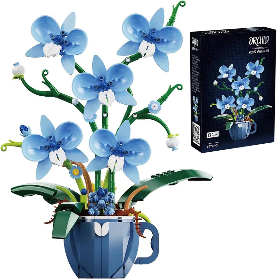 Blue Orchid Flower Building Set for Adults, Coffee Cup Orchid Botanical Collection Plant Building Kit, Home and Office Decor Gift for Christmas Day, Valentines, Birthday 567pcs