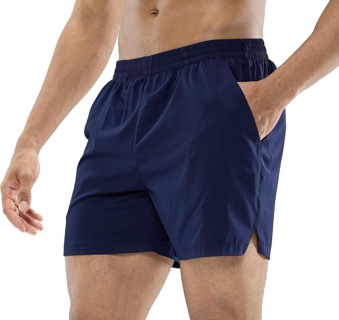 MIER Men's Workout Running Shorts Quick Dry Active 5 Inches Shorts with Pockets, Lightweight, Breathable (Navy Without Zipper)