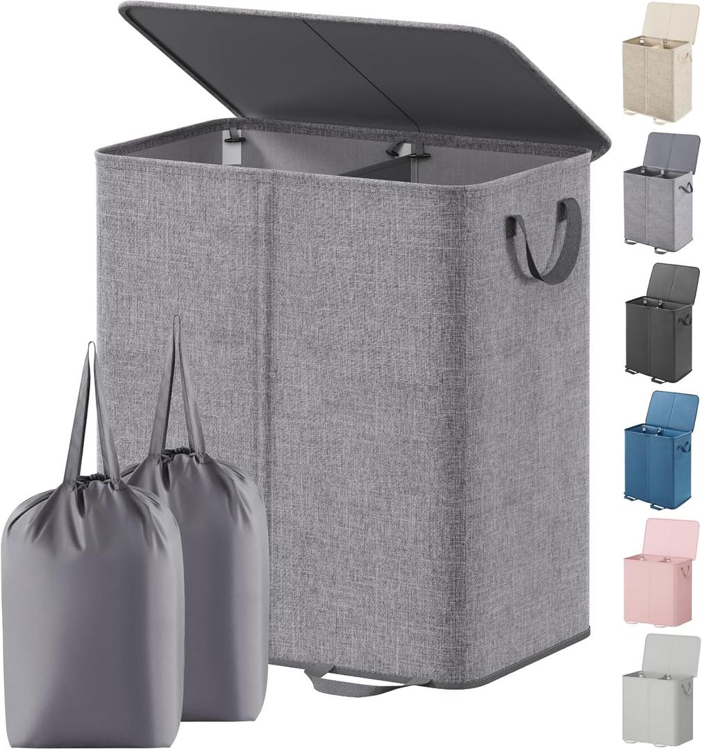 Lifewit Double Laundry Hamper with Lid and Removable Laundry Bags, Large Collapsible 2 Dividers Dirty Clothes Basket with Handles for Bedroom, Laundry Room, Closet, Bathroom, College, 136L Grey
