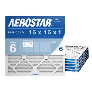 Aerostar 16x16x1 MERV 6 Pleated Air Filter, AC Furnace Air Filter, 6 Pack (Actual Size: 15 3/4"x15 3/4"x3/4")