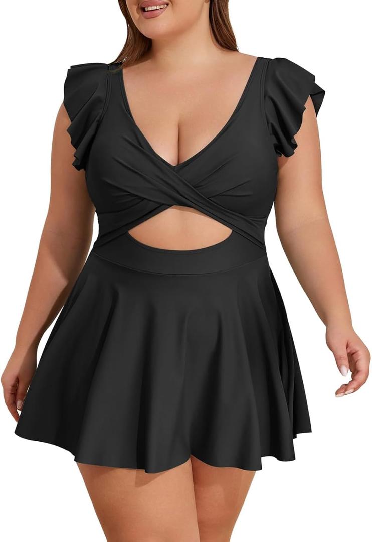 B2prity Women's Plus Size Swimsuit Tummy Control One Piece Swimdress Ruffle V Neck Cutout Wrap Bathing Suit with Skirt (X-Large, Black)
