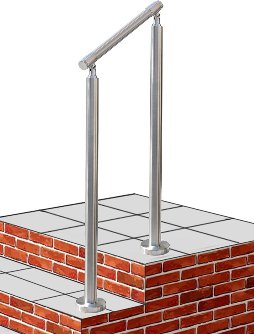 Outdoor Small 1-2 Step Handrail, DIY 2" OD 304 Stainless Steel Transitional Hand Rails with Installation Kit,Silver Porch Stair Railing for Concrete Brick or Wooden Steps, 21 x 36 in
