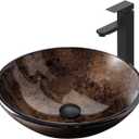 Bathroom Artistic Vessel Sink, Tempered Glass Vanity Round Bowl with Black Faucet and Pop up drain Set, Brown