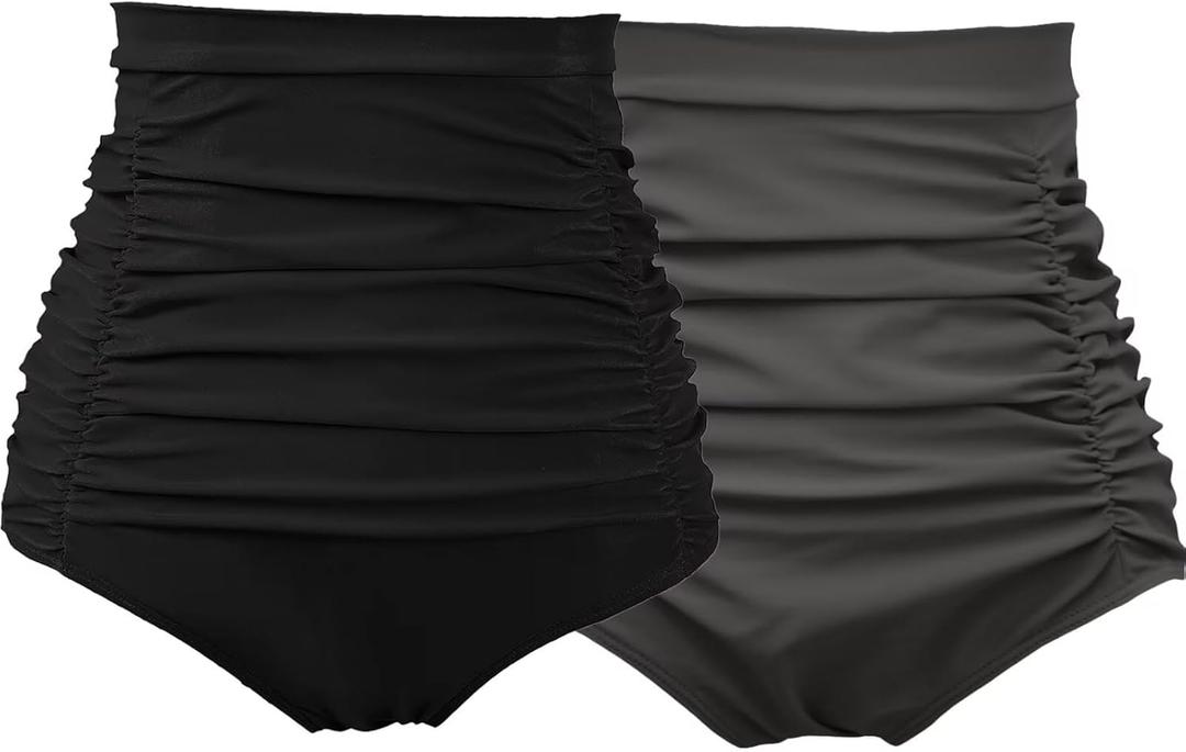 COCOPEAR Women's Ruched High Waisted Bikini Bottom Retro Vintage Swim Short Tankinis (Pack of 2) Black+Matte Black, Size: M/ 6-8