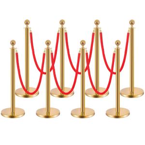 8-Pack Stainless Steel Stanchions and Velvet Ropes (6 Red 5ft), Sand-Filled Crowd Control Barriers for Weddings, Exhibitions, Events(Gold)
