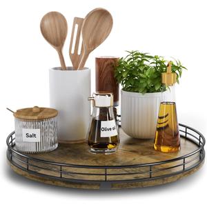 Lazy Susan Turntable Organizer for Table Top, 13 Round Wooden Lazy Susan for Cabinet Kitchen Countertop Pantry Dining Coffee Table for Condiments Spices, Rustic Bathroom Vanity Tray for Soap Candle