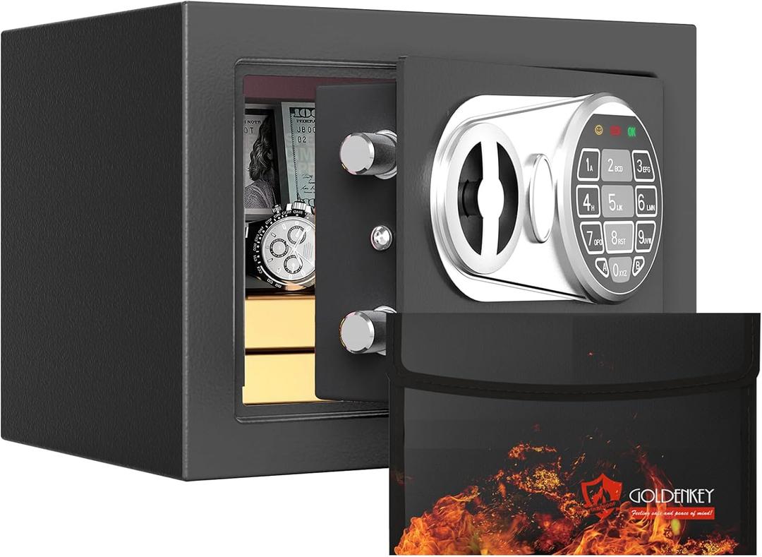 Goldenkey Small Kids Safe with Fireproof Bag, Digital Mini Safes with Keys&Code for Money, Safe Box for Personal Items for Home, 6.69"D x 9.05"W x 6.69"H
