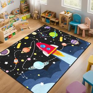 Space Rug - Space Rug for Boys Room Cartoon Solar System Carpet Educational Learning Carpet for Playroom Planet Themed Mat for Bedroom Decor,4.5x6 Feet