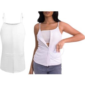 Post Mastectomy Shirts with Drain Pockets Breast Surgery Mastectomy Camisole Top with Hook and Loop Closure (Medium, White)