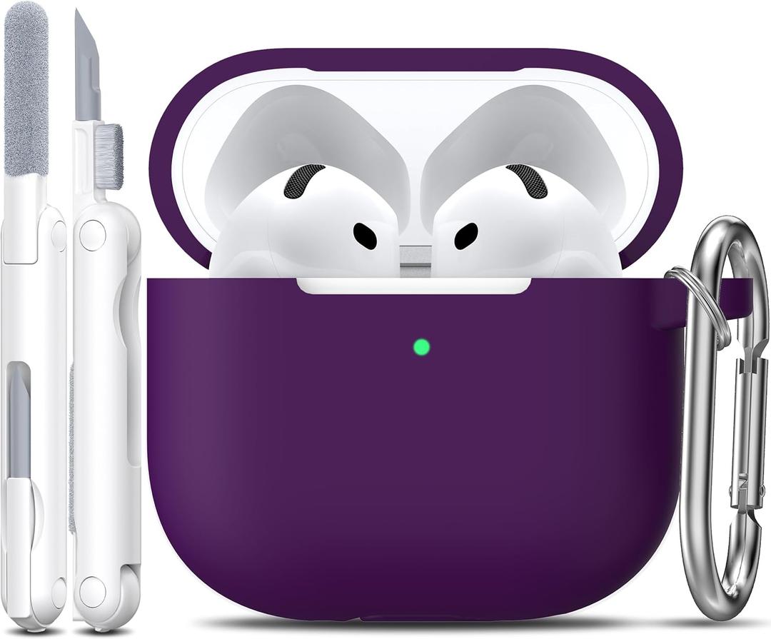 R-fun for AirPods 4 Case with Cleaner Kit,Full Protective Soft Skin Silicone Cover with Keychain for AirPods 4 Gen Case for Men Women,Compatible with Apple AirPods 4th Genaration Case 2024,Plum