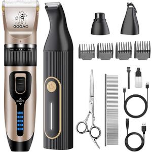 Dog Clippers for Grooming for Heavy Thick Hair&Coats,Low Noise Hair Trimmer,Rechargeable Cordless Pet Shaver, Dog Grooming Kit with Paw Trimmer Nail Grinder for Small Large Dogs (Gold & Black)