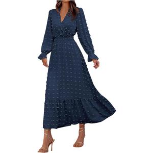 Swiss Dots Wedding Guests Dresses for Women Elegant V Neck Long Sleeve Swing Ruffle Hem Party Cocktail Maxi Dress, Blue Size L