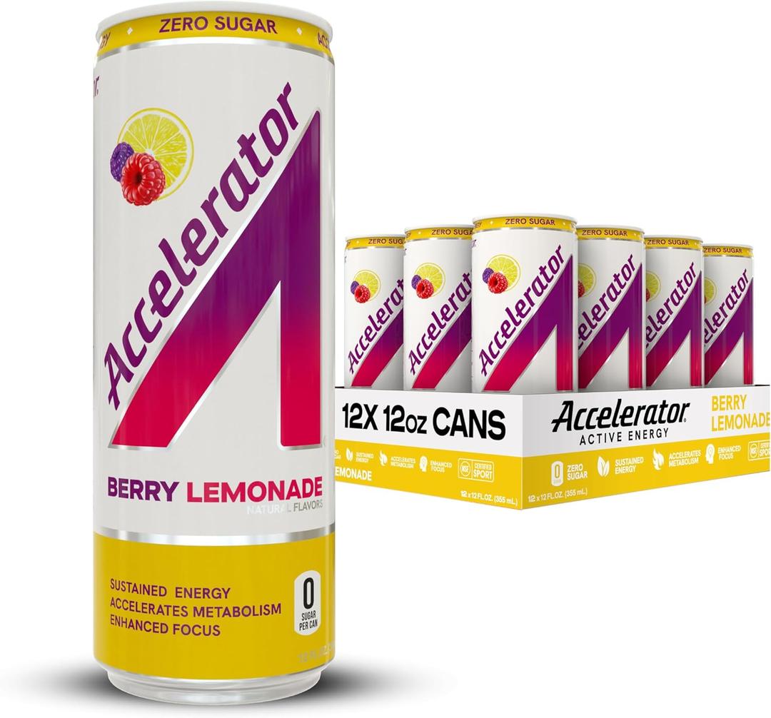 Accelerator Energy Drink, Berry Lemonade 12oz can (12 pack), Zero Sugar, Sustained Energy from 100% Natural Caffeine (200mg from Green Coffee Bean & Green Tea extract), BBD: 06/26