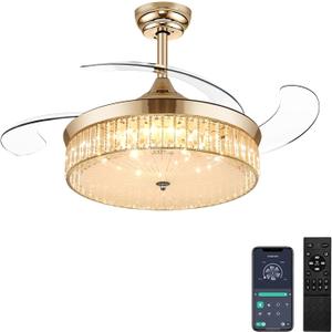Ohniyou 42 Inch Retractable Ceiling Fan with Lights Remote, Crystal Chandelier Ceiling Light, Dimmable Fandelier for Bedroom Living Room Indoor (Gold)