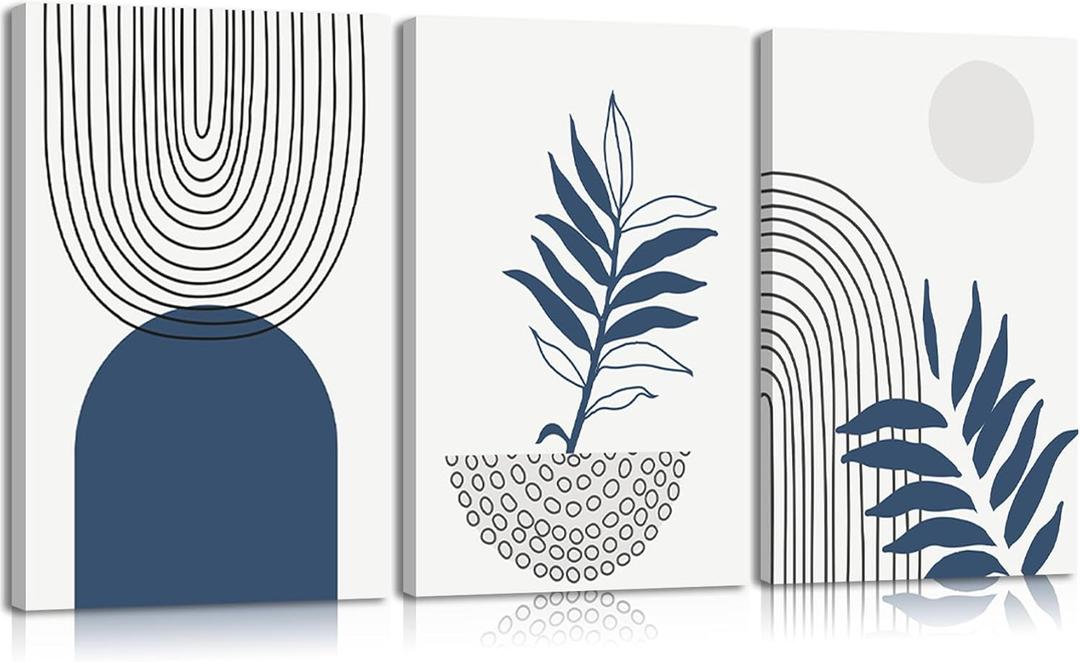 3Pcs Navy Blue Boho Canvas Wall Art Abstract Bohemian Poster Print Geometric Botanical Lines Picture Minimalist Mid-Century Modern Painting Wall Decor for Bathroom Bedroom Office 12x16in Framed (16L" x 12W")