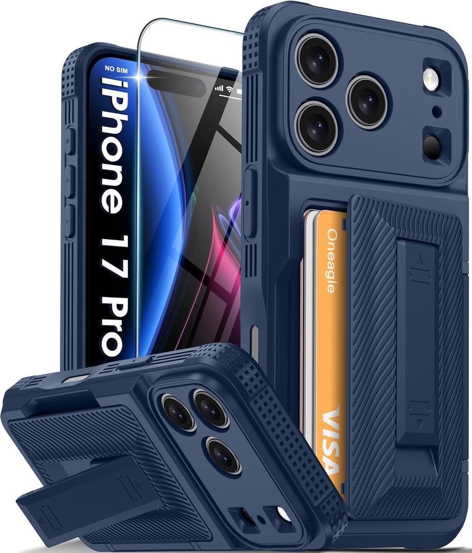 Oneagle Wallet for iPhone 17 Pro Case with Card Holder(4-5 Cards) [RFID Blocking] [Screen Protector] Full Camera Protection Case with Kickstand 15FT Shockproof Heavy Duty Phone Case for iPhone 17 Pro, Dark Blue