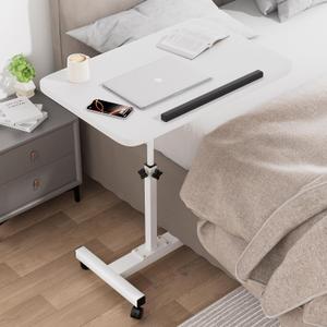 Adjustable End Table Overbed Bedside Table with Wheels, Portable Computer Stands Movable Desk Computer Table Hospital Bed Table for Couch for Bed Laptop Stand,White