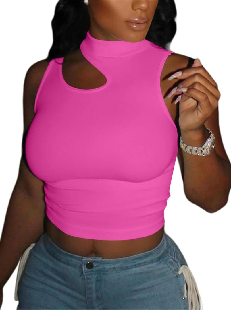 LovelyWholesale Crop Tops for Women Sexy Cut Out Tops Mock Neck Tank Top Hot Pink Medium (Pink, M)