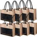 Reginary 8 Pack Burlap Tote Bags Bulk Large Jute Tote with Handles Reusable Canvas Gift Bags for Wedding Travel (Black)