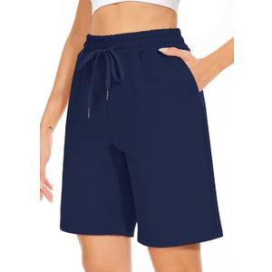 TARSE Women's Bermuda Shorts Long Cotton Loose with Pockets Knee Length for Yoga Casual Walking Exercise Shorts (XX-Large, Navy)