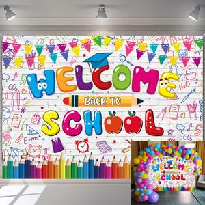 Welcome Back to School Backdrop First Day of Kindergarten Graffiti Wall Photography Background Welcome Kids Students Back to School Party Decorations (7x5FT210x150cm)