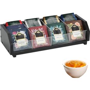 Tea Bag Storage Organizer, Natural Wood and Clear Acrylic, 4-Section Chest, 13.5x4.9x3.1 Inch, 80 Bag Capacity (Black)