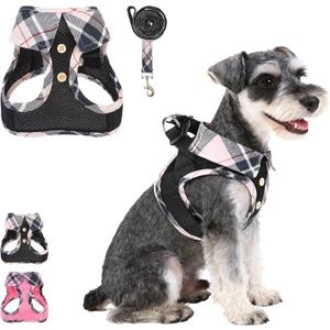 KOOLTAIL Small Dog Harness and Leash Set, Step in No Pull Soft Mesh Padded Pet Vest Harness Collar for Small Size Dogs Cats Boy Girl, Breathable & Lightweight Plaid Puppy Harness, Beige S