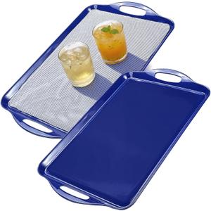Extra Large Blue Serving Tray with Handles, 19''x11.6'' Melamine Platters, Ottoman Tray for Serving Food, Turkey, Cookie, Cupcakes, Desserts, Dishwasher Safe, Set of 2, Mats Included