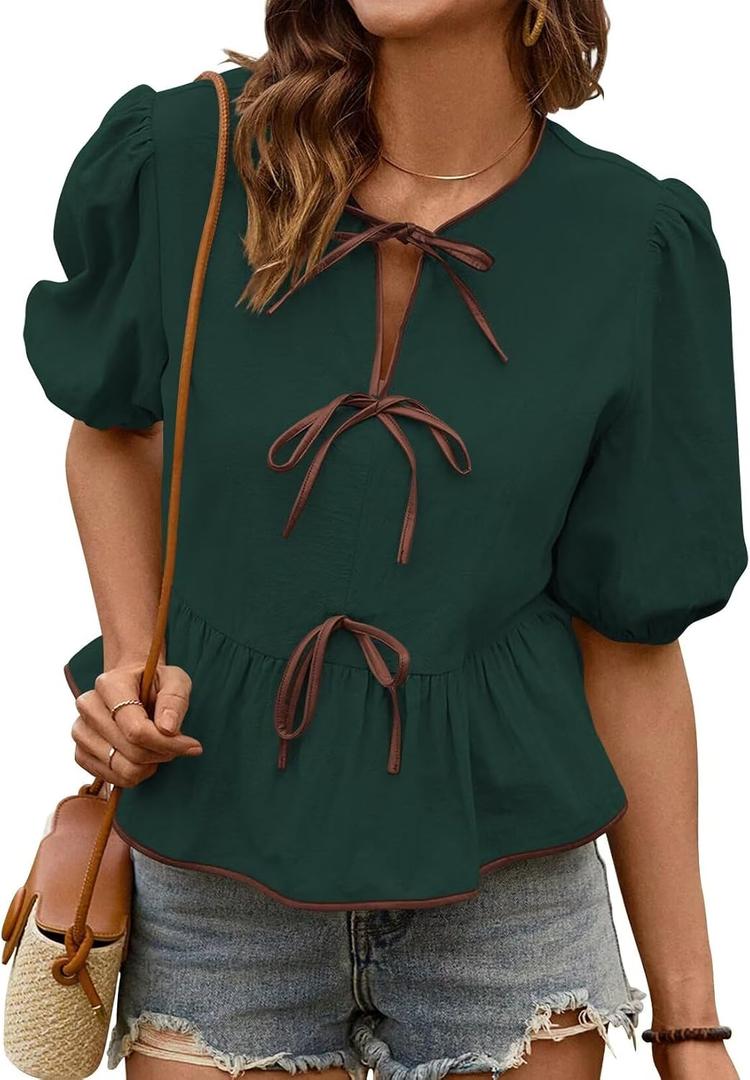 Falechay Womens Summer Tops Bowknot Puff Short Sleeve Blouses Dressy Casual Cute Babydoll Flowy Peplum Shirt for Women (Green, XL)
