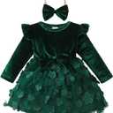 Kucnuzki Baby Girl Clothes Fall Holiday Party Velvet Tulle Dress Winter Cute Long Sleeve Toddler Girls Birthday Dresses (Green, M)