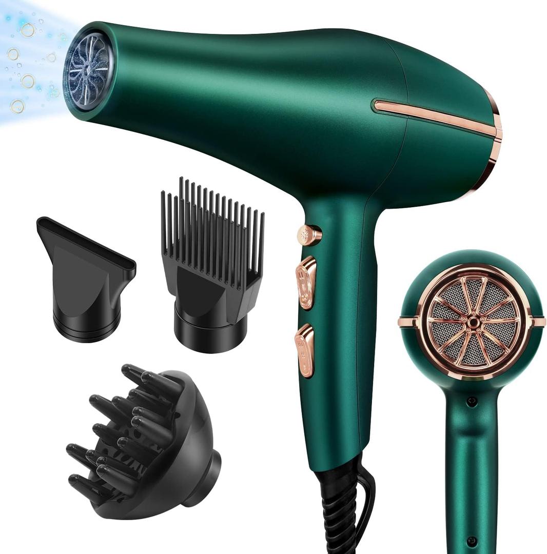 2000 Watt Negative Ionic Hair Dryer, Professional Salon Blow Dryer, Low Noise Fast Drying & Powerful AC Motor and Diffuser Comb for Men Women,3 Heat & 2 Speed Settings, Easy to Use- Green