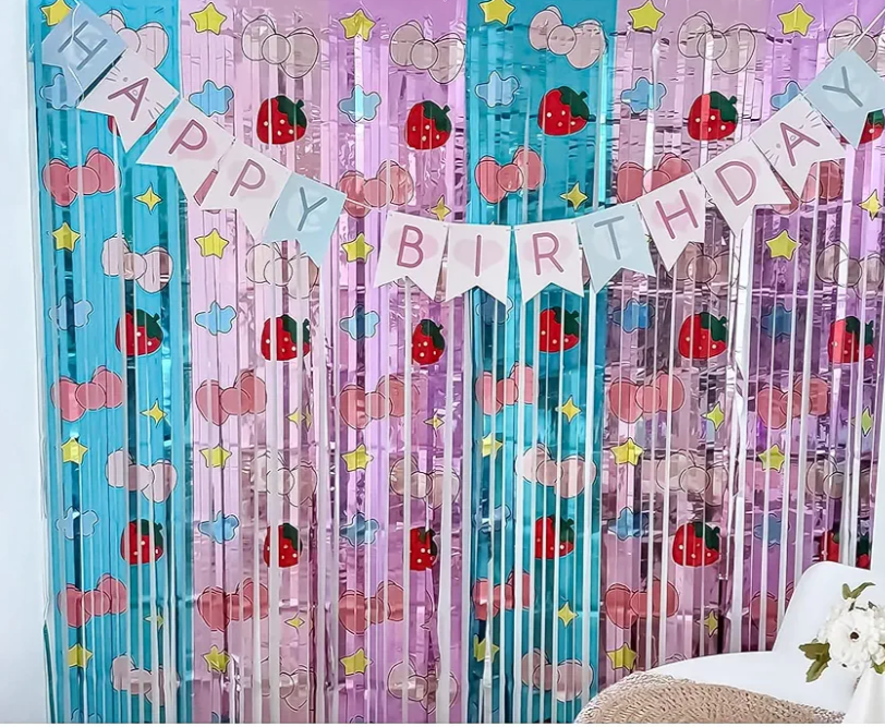 Pack Of 3 Pink Bow Birthday Decorations | 3.3x6.6ft Tinsel Fringe Backdrop with Banner 3 Pack Party Supplies for Girls Theme Party | Blue & Pink Foil Streamers