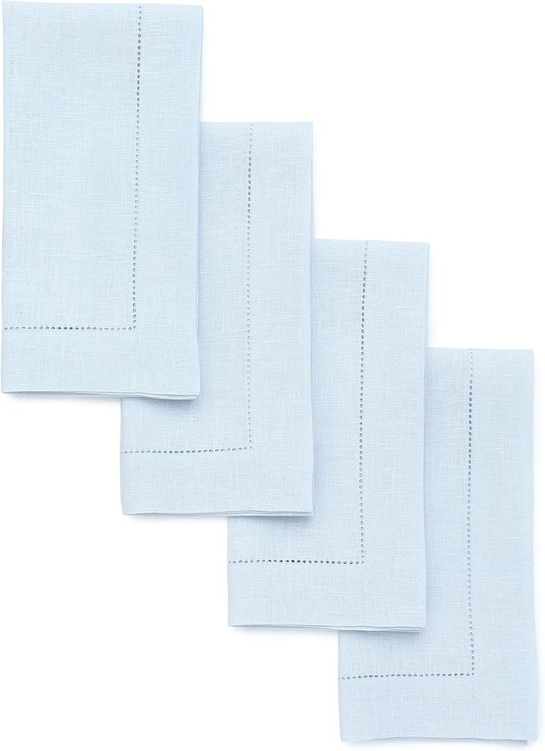 Solino Home Light Blue Linen Napkins Set of 4-100% Pure Linen Hemstitch Dinner Napkins 20 x 20 Inch for Spring, Summer - Classic Hemstitch