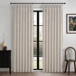 Greyish Brown Natural Linen Curtains 84 Inch Length 2 Panels for Living Room, Pinch Pleated Light Filtering Semi Sheer Boho Window Drapes for Bedroom Hooks Back Tab Curtain 84 Inches Long Light Tan