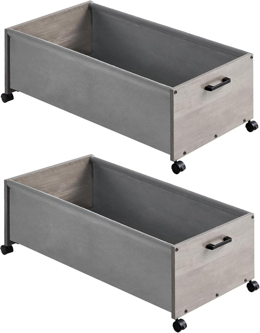 Under Bed Storage with Wheels, Bigger Size, Under Bed Drawers Heavy Duty, 2 Packs, Wooden Under Bed Storage Containers Organizer, Metal Frame, Patented Design (Grey)