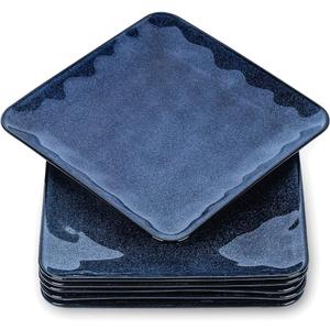 vicrays Ceramic Square Plates Set of 6 - Porcelain 8 inch Dinner Plates for Salad Dessert Appetizer Bread - Microwave Oven and Dishwasher Safe - Blue