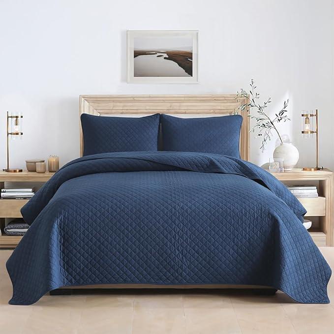 Cotton King Quilt Bedding Sets, 3 Pieces Reversible Lightweight Coverlets Comforters Bedspreads for All Seasons, Geometric Stitching Pattern, Navy Blue