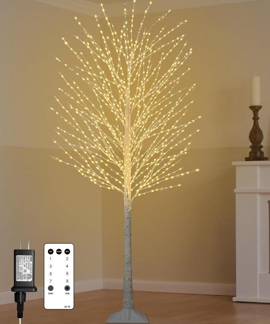 7FT Lighted Birch Tree with 1200 LED Warm White Lights, 8 Twinkle Modes, Timer, Dimmable Artificial Light Up Twig Christmas Tree for Indoor Outdoor Xmas Holiday Party Decor