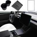 3PCS Center Console Accessories for Tesla New Model Y Juniper 2025 Model 3 Highland 2024 Cup Holder Insert, Screen Edge Protector Frame, Wireless Charger Mat Silicone, Black