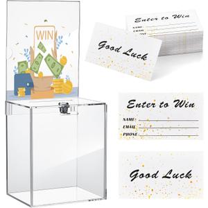 Teling 101 Pcs Tall Acrylic Donation Box with Lock and Sign Plate 7 x 5 x 8 Inches Safe Suggestion Box with Raffle Tickets Cards for Raffle, Money, Voting, Charity, Suggestion (Clear)