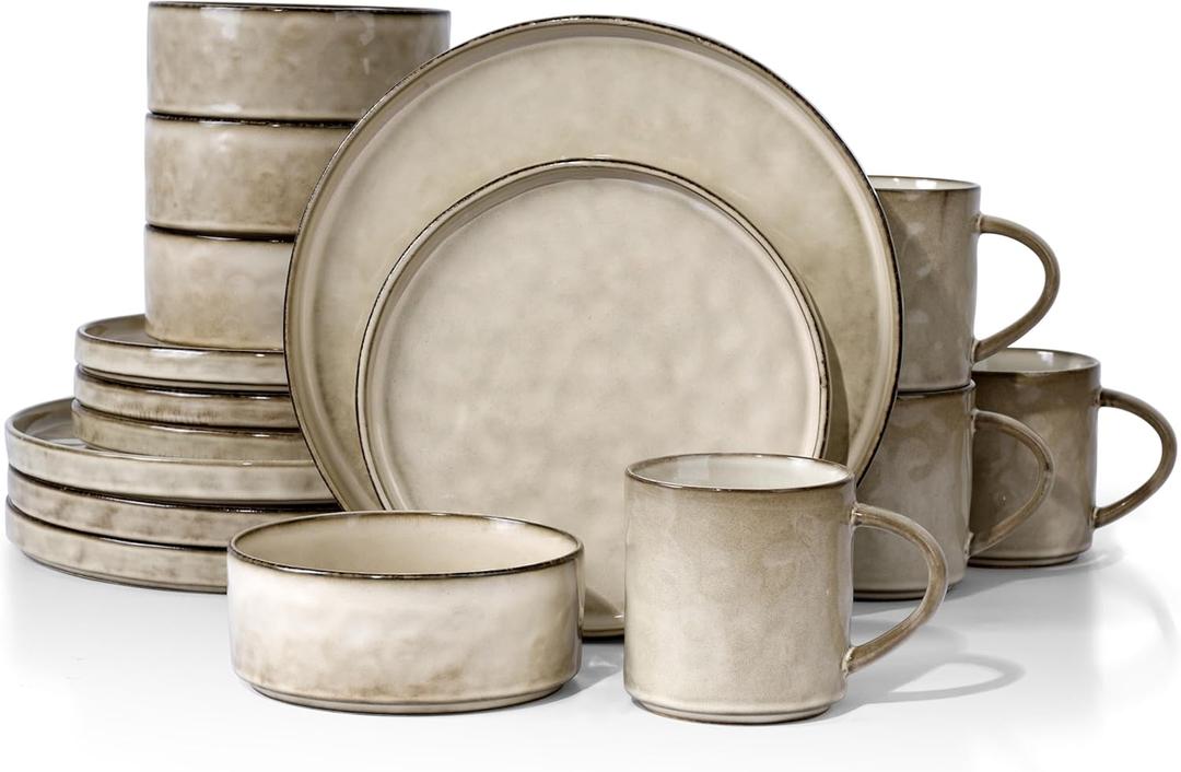 HaWare Dinnerware Sets, 16-Piece Stoneware Plates and Bowls Set, Dish Set for 4, Elegant Ceramic Dishware for Home Restaurant, Chip and Scratch Resistant, Microwave and Dishwasher Safe, Saturn Khaki (Saturn Khaki)