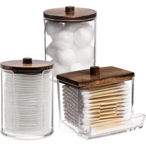 Tbestmax Bathroom Organizer Accessories Set-10 OZ Qtips Holder Storage with Wood Lids, Cotton Ball/Swabs Dispenser, Apothecary Container Jar 3 Pcs