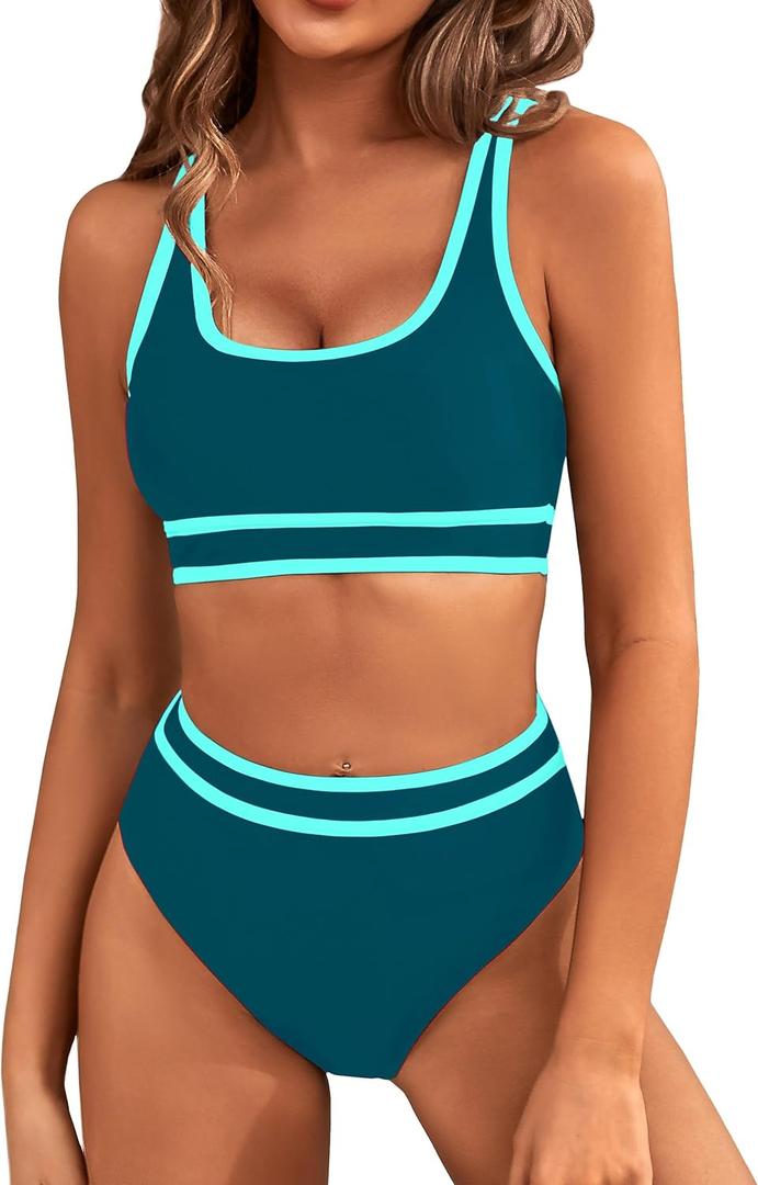 BMJL Women's High Waisted Bikini Sets Sporty Two Piece Swimsuits Color Block Cheeky High Cut Bathing Suits (Medium, Dark Green Blue011)